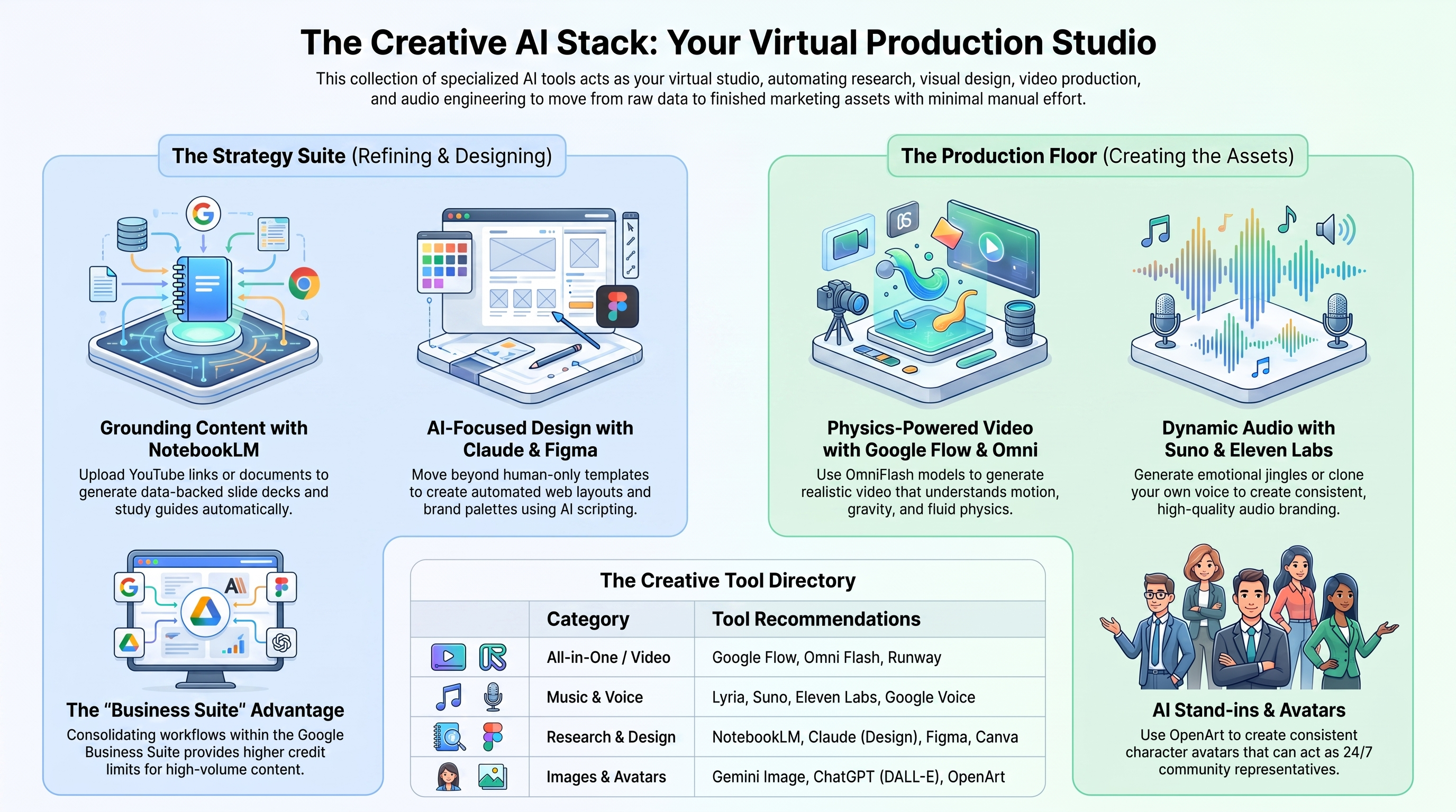 A diagram showing a solo creator directing AI tools for research, writing, visuals, motion, voice, music, and packaging.