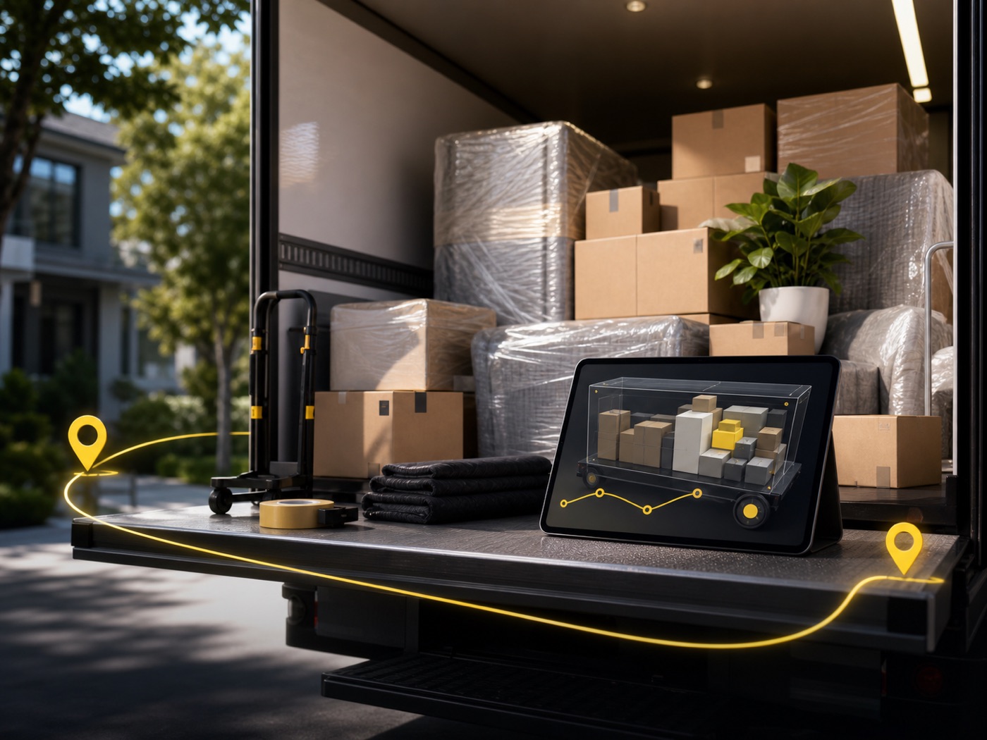 Generated moving truck loaded with boxes and an estimate tablet